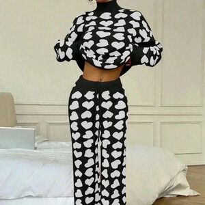 Multicolor Casual Women's Heart Graphic Sweater And Pants Set